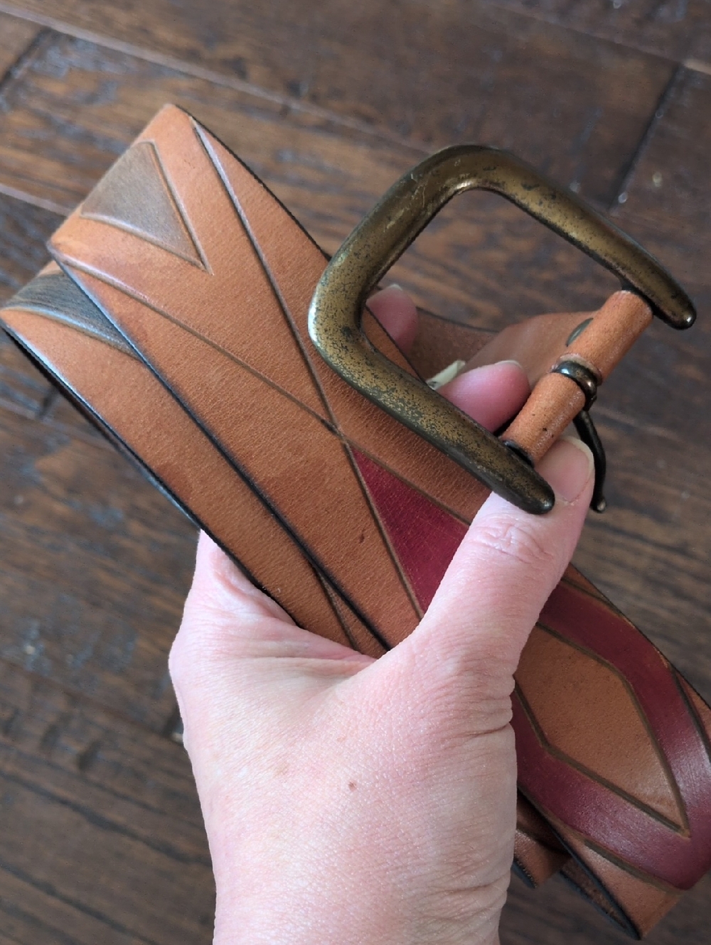 GAP I Vintage Cognac Brown Leather Belt with Red, Green & Black Diamond Belt, M - Picture 2 of 16